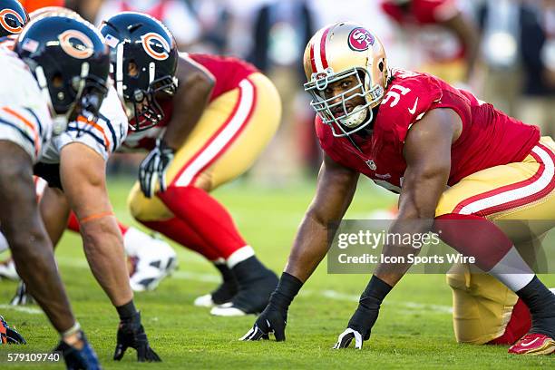 Defensive end Ray McDonald of the San Francisco 49ers on the line before play, during an NFL football game between the San Francisco 49ers and the...