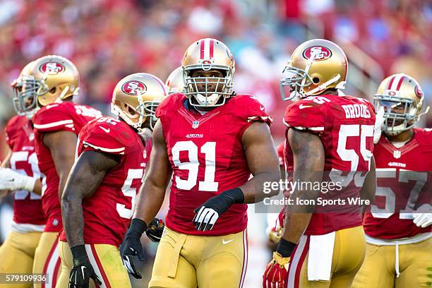 Defensive end Ray McDonald of the San Francisco 49ers comes out of the huddle, during an NFL football game between the San Francisco 49ers and the...