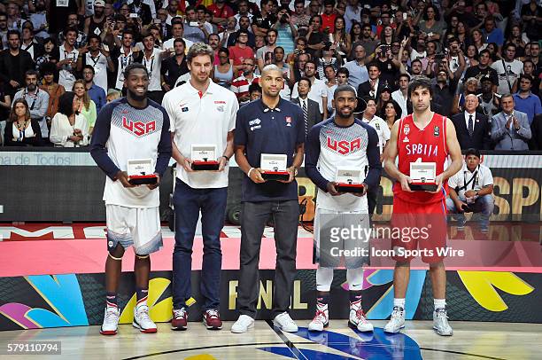 From left to right: Kenneth Faried , Pau Gasol , Nicolas Batum , Kyrie Irving and Milos Teodosic are named the All-Star Five after Team USA defeats...