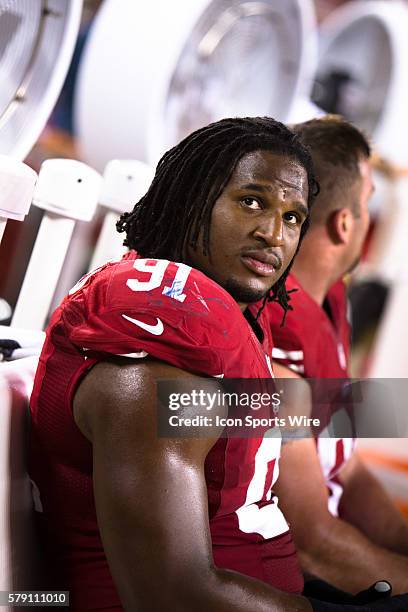 Defensive end Ray McDonald of the San Francisco 49ers sits on the bench, during an NFL football game between the San Francisco 49ers and the Chicago...