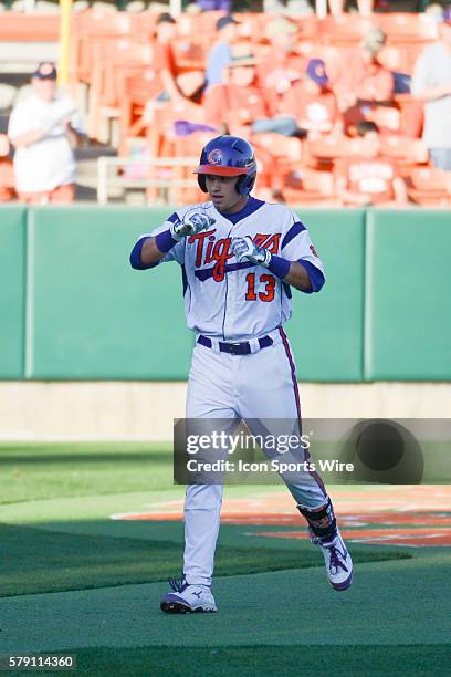 Clemson's Jay Baum following a home run during the baseball game between the Boston College Eagles and Clemson Tigers at Doug Kingsmore Stadium in...