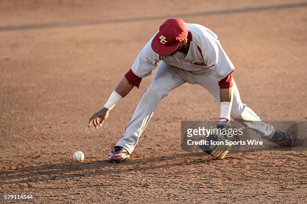 Boston College's Gabriel Hernandez tries to field a grounder during the baseball game between the Boston College Eagles and Clemson Tigers at Doug...