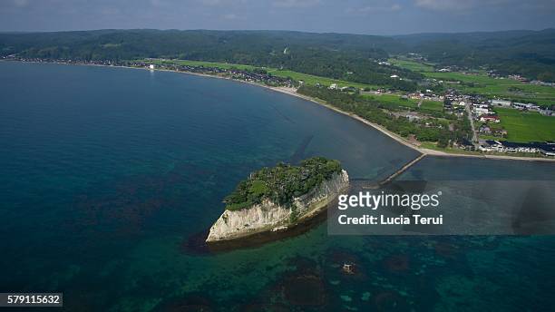 aerial view of the mitsuke island, ishikawa prefecture, japan - noto stock pictures, royalty-free photos & images