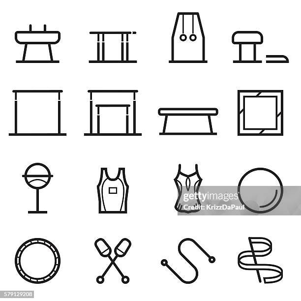 gymnastikausrüstung dünne linie icons - gymnastics stock-grafiken, -clipart, -cartoons und -symbole