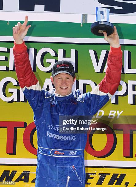 Scott Dixon celebrates winning the Lehigh Valley Grand Prix, Round 3 of the CART FedEx Championship Series at the Nazareth Speedway, Nazareth,...