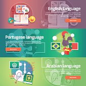 Foreign languages learning banner set. Colorful vector flat concepts layout.