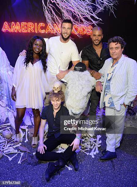 Actors Yetide Badaki, Pablo Schreiber, Bruce Langley, Ricky Whittle and Ian McShane attend the "American Gods" autograph signing during Comic-Con...