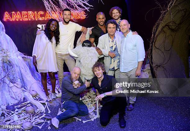 Actors Yetide Badaki, Pablo Schreiber, Bruce Langley, Ricky Whittle and Ian McShane attend the "American Gods" autograph signing during Comic-Con...