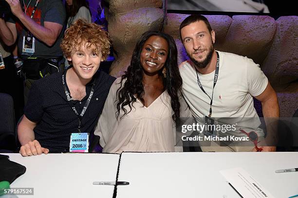 Actors Bruce Langley, Yetide Badaki and Pablo Schreiber attend the "American Gods" autograph signing during Comic-Con International at San Diego...