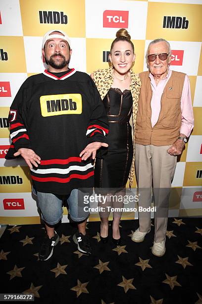 Host Kevin Smith, actress Harley Quinn Smith and writer Stan Lee attend the IMDb Yacht Party, Presented By TCL at on July 22, 2016 in San Diego,...