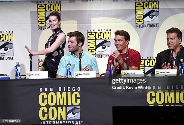 Actors Felicia Day, Liam McIntyre, Nolan North, and Lou Ferrigno attend the "Con Man" panel during Comic-Con International 2016 at San Diego...