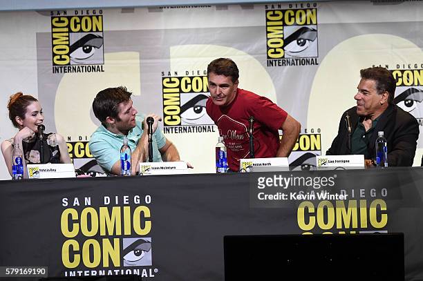 Actors Felicia Day, Liam McIntyre, Nolan North, and Lou Ferrigno attend the "Con Man" panel during Comic-Con International 2016 at San Diego...