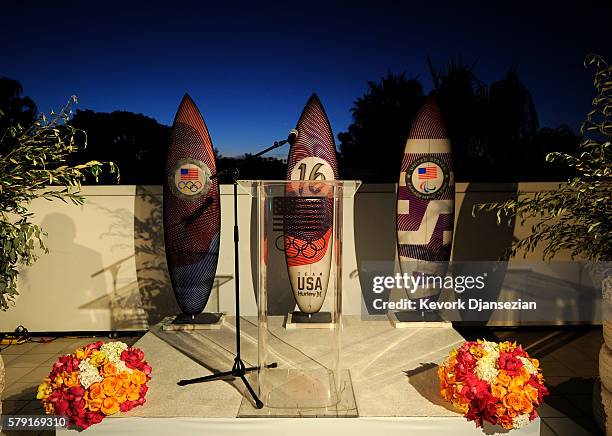 Customized Team USA surfboards at the Toast to Team USA Send Off presented by Bridgestone event at The Paley Center for Media on July 22, 2016 in Los...