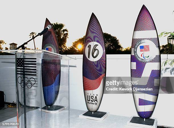 Customized Team USA surfboards at the Toast to Team USA Send Off presented by Bridgestone event at The Paley Center for Media on July 22, 2016 in Los...