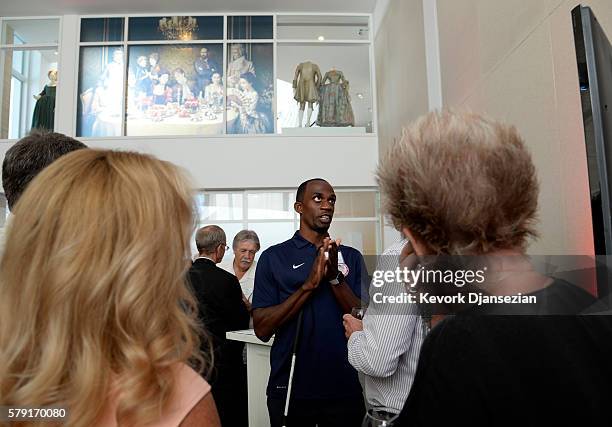 Team USA athletes Lex Gillette mingling at the Toast to Team USA Send Off presented by Bridgestone event at The Paley Center for Media on July 22,...