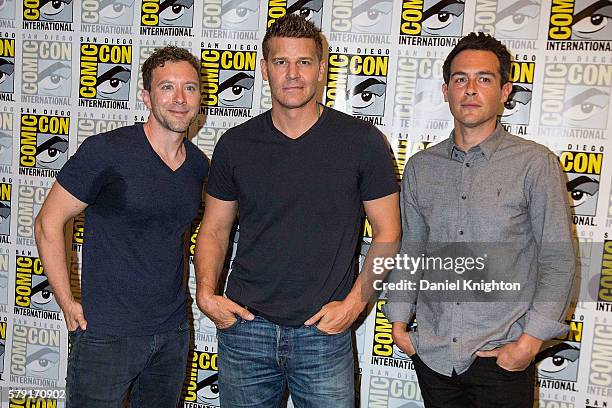 Actors T. J. Thyne, David Boreanaz, and John Boyd attend the "Bones" press line at Comic-Con International - Day 2 at Hilton Bayfront on July 22,...