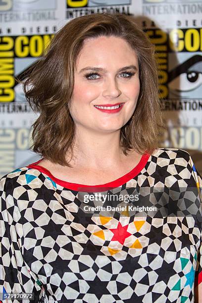 Actress Emily Deschanel attends the "Bones" press line at Comic-Con International - Day 2 at Hilton Bayfront on July 22, 2016 in San Diego,...