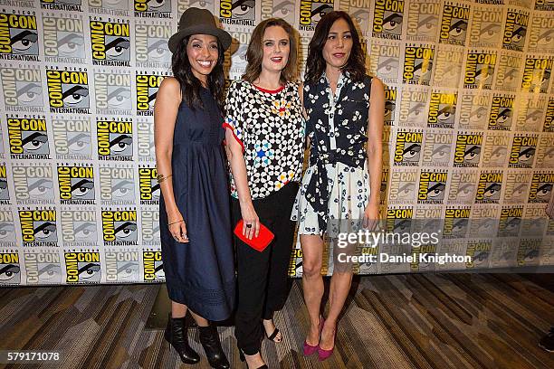 Actors Tamara Taylor, Emily Deschanel, and Michaela Conlin attend the "Bones" press line at Comic-Con International - Day 2 at Hilton Bayfront on...