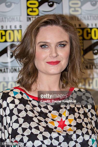 Actress Emily Deschanel attends the "Bones" press line at Comic-Con International - Day 2 at Hilton Bayfront on July 22, 2016 in San Diego,...