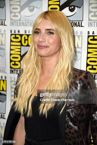 Actress Emma Roberts attends the "Scream Queens" press line during Comic-Con International at Hilton Bayfront on July 22, 2016 in San Diego,...