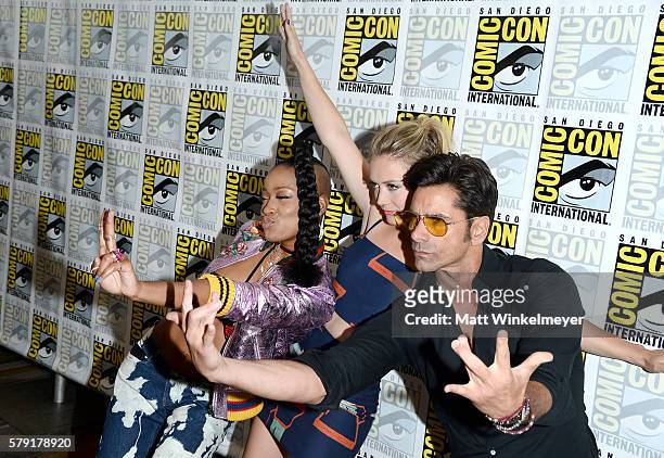 Actors Keke Palmer, Billie Lourd and John Stamos attend the "Scream Queens" press line during Comic-Con International at Hilton Bayfront on July 22,...