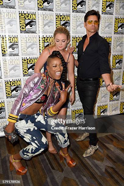 Actors Keke Palmer, Billie Lourd and John Stamos attend the "Scream Queens" press line during Comic-Con International at Hilton Bayfront on July 22,...