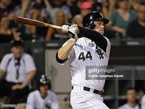 Justin Morneau of the Chicago White Sox hits a three run home run in the 5th inning against the Detroit Tigers at U.S. Cellular Field on July 22,...