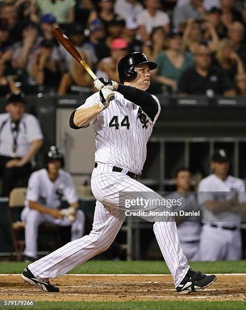 Justin Morneau of the Chicago White Sox hits a three run home run in the 5th inning against the Detroit Tigers at U.S. Cellular Field on July 22,...