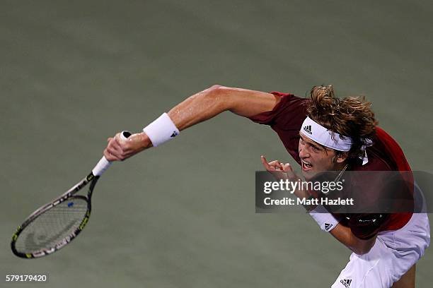 Alexander Zverev of Germany returns a shot to Benoit Paire of France during day 5 of the Citi Open at Rock Creek Tennis Center on July 22, 2016 in...