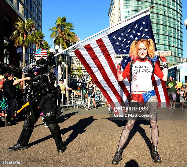 Cosplayers Dallas and Harley Quinn attend Comic-Con International on July 22, 2016 in San Diego, California.