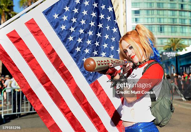 Cosplayer Harley Quinn attends Comic-Con International on July 22, 2016 in San Diego, California.