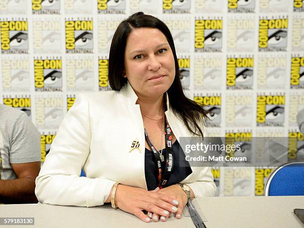 Screenwriter Elizabeth Trojian speaks onstage at the "Science, Smithsonian & Star Trek" panel discussion at Marriott Marquis & Marina on July 22,...