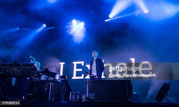 Macclesfield, ENGLAND Rick Smith and Karl Hyde of Underworld at Jodrell Bank on July 22, 2016 in Macclesfield, England.