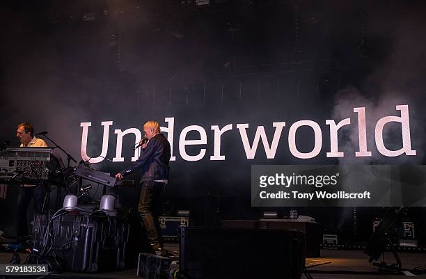 Macclesfield, ENGLAND Rick Smith and Karl Hyde of Underworld at Jodrell Bank on July 22, 2016 in Macclesfield, England.