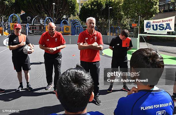 Ian Rush and Gary Mcallister ambassadors of Liverpool during a visit to a Street Soccer clinic with LFC Foundation on July 22, 2016 in San Francisco,...