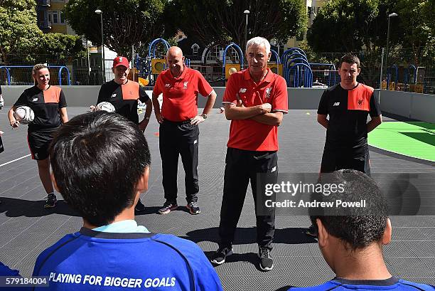 Ian Rush and Gary Mcallister ambassadors of Liverpool during a visit to a Street Soccer clinic with LFC Foundation on July 22, 2016 in San Francisco,...