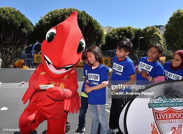 Mighty Red mascot of Liverpool during a visit to a Street Soccer clinic with LFC Foundation on July 22, 2016 in San Francisco, California.