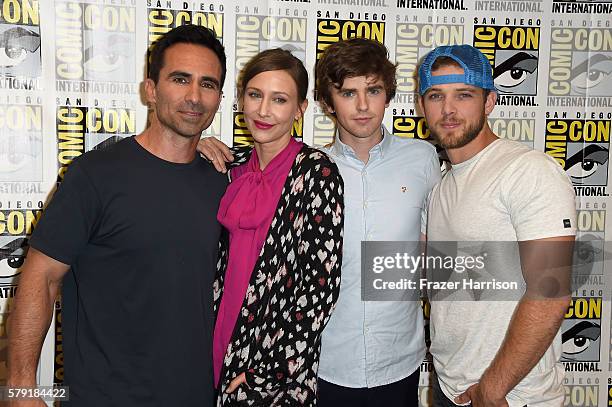 Actor Nestor Carbonell, Vera Farmiga, Freddie Highmore and Max Thieriot attend the "Bates Motel" press line at Hilton Bayfront on July 22, 2016 in...