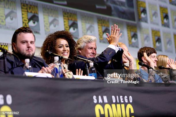 Actors John Bradley, Nathalie Emmanuel, Conleth Hill, Sophie Turner, and Iwan Rheon attend the "Game of Thrones" panel during Comic-Con International...