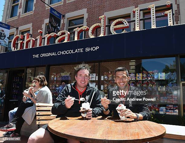 Robbie Fowler and Luis Garcia ambassadors of Liverpool during a visit to Ghirardelli on July 22, 2016 in San Francisco, California.