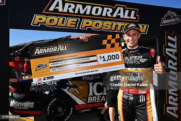 Chris Pither driver of the Super Black Racing Fold Falcon FGX celebrates after taking pole position during qualifying for race 1 of the V8 Supercars...