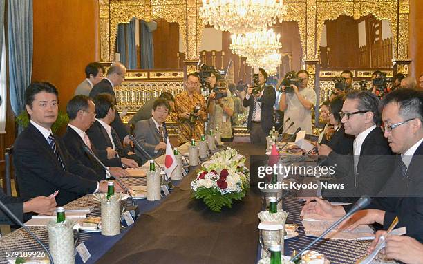 Indonesia - Japanese Foreign Minister Koichiro Gemba and his Indonesian counterpart Marty Natalegawa meet in Jakarta on Oct. 14, 2011. The foreign...