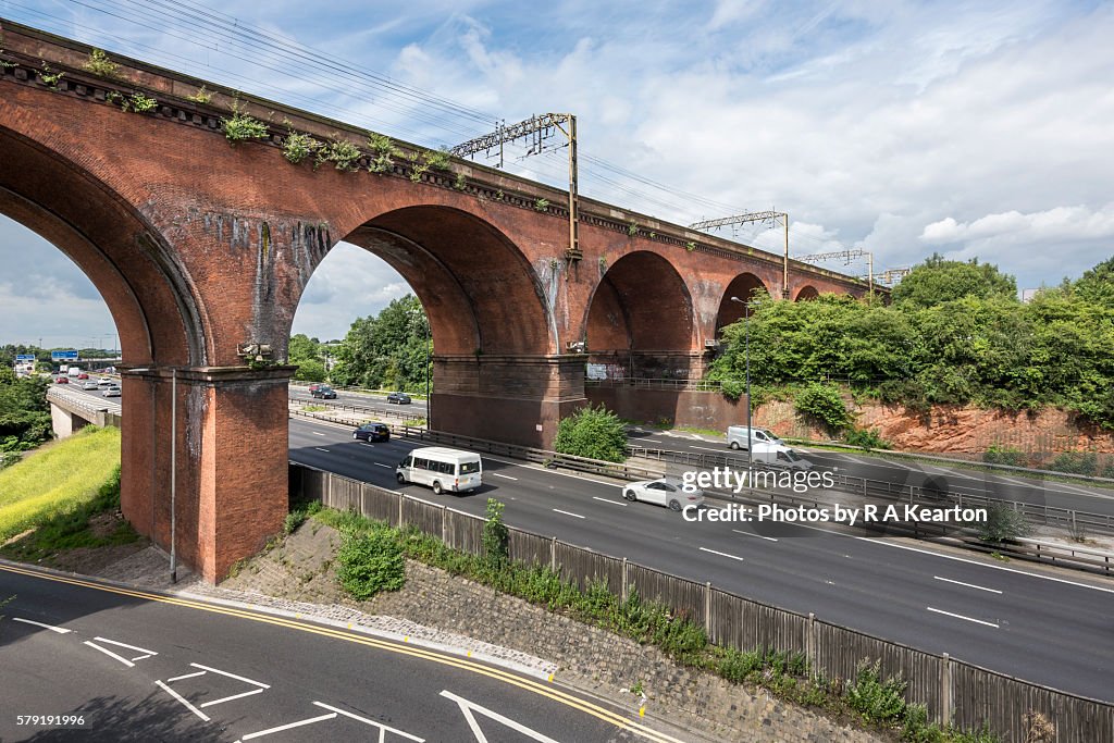 The M60 motorway passing beneath Stockport Viaduct