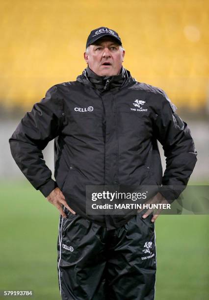 Coastal Sharks head coach Gary Gold looks on before the Super Rugby quarter-final match between South Africa's Coastal Sharks and New Zealand's...