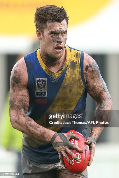 Nick Meese of Williamstown kicks the ball during the round 16 VFL match between Port Melbourne and Williamstown at North Port Oval on July 23, 2016...