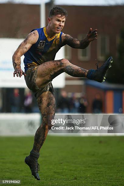 Ben Jolly of Williamstown kicks the ball during the round 16 VFL match between Port Melbourne and Williamstown at North Port Oval on July 23, 2016 in...