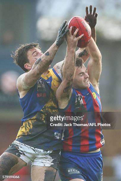 Blake Pearson of Port Melbourne marks the ball during the round 16 VFL match between Port Melbourne and Williamstown at North Port Oval on July 23,...