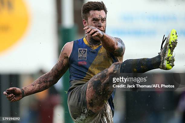 Nick Meese of Williamstown kicks the ball during the round 16 VFL match between Port Melbourne and Williamstown at North Port Oval on July 23, 2016...