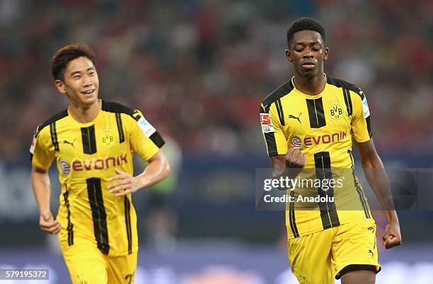 Ousmane Dembele of Borussia Dortmund celebrates scoring their goal during friendly match between Manchester United and Borussia Dortmund at Shanghai...