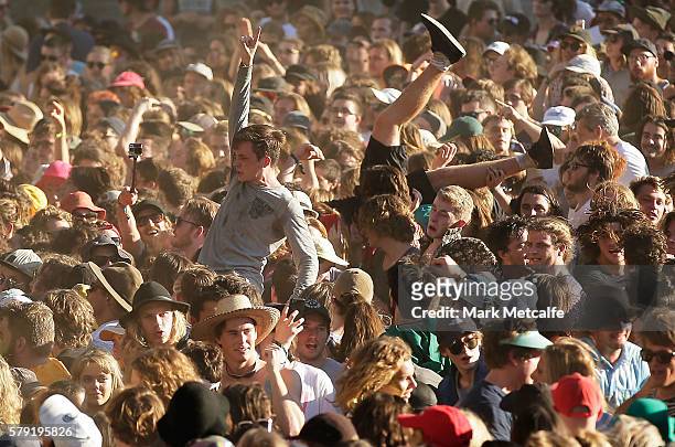 Festival goers crowd surf during King Gizzard & The Lizard Wizard's performance during Splendour in the Grass 2016 on July 23, 2016 in Byron Bay,...